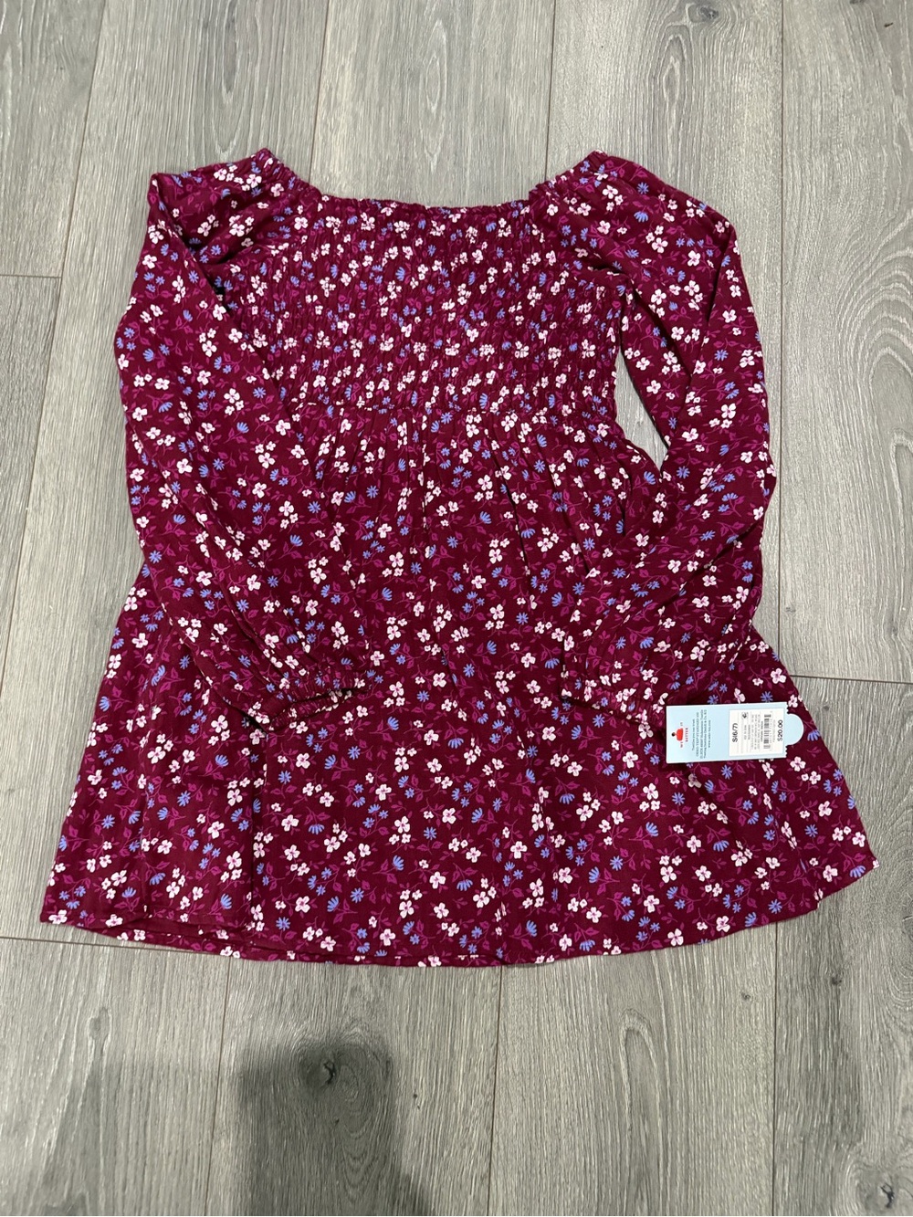 Cat and Jack Burgundy Floral Smocked Long-Sleeve Dress size 6/7